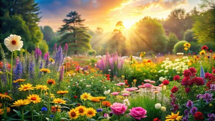 Artistic Summer Landscape with Blooming Flowers, garden scene, vibrant,  garden scene, vibrant, garden, botanical