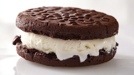 Chocolate ice cream sandwich with melting vanilla ice cream.