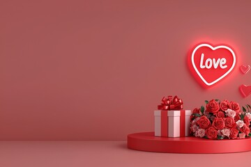 3D rendering of a red podium with roses and a gift box on a Valentine's Day theme background, a heart-shaped neon light sign that says Love and a geometric shapes composition in a minimalist style.