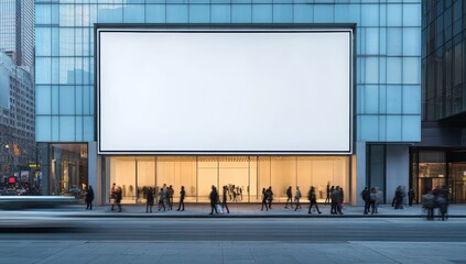 Blank billboard on city building exterior with pedestrians. (1)
