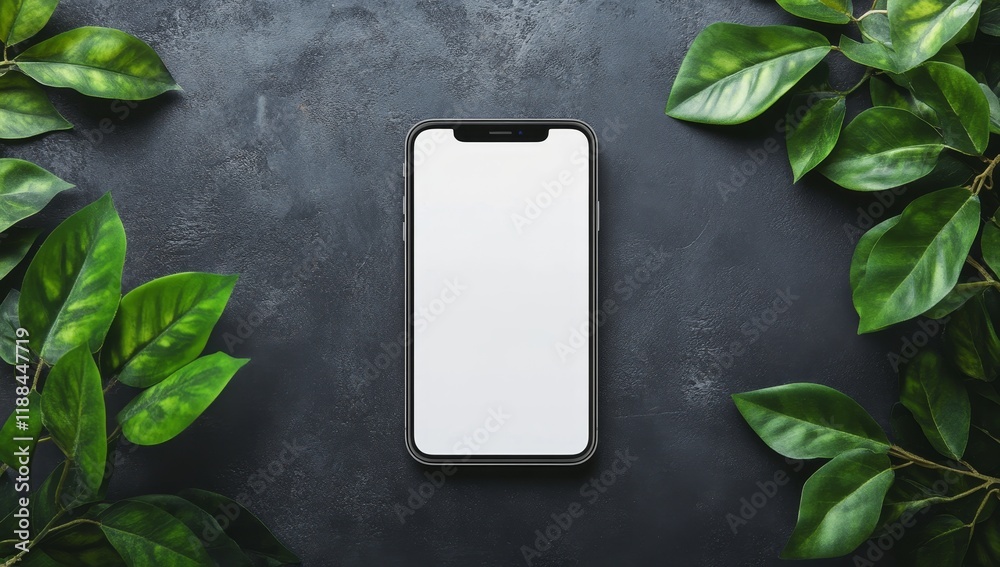 Poster smartphone with blank screen on dark background surrounded by green leaves.