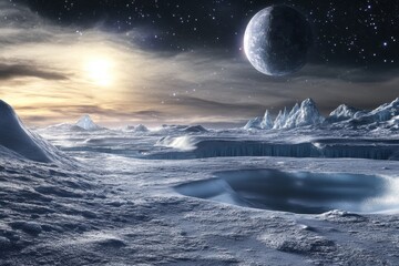 Beautiful icy landscape on a distant planet with a massive moon in the sky