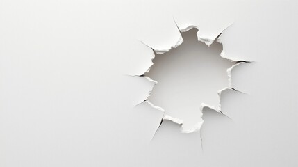 White wall with round hole created by destructive force. Cracked, broken wall surface. Powerful impact explosion. Possible construction demolition site. Abstract image. Modern design. Minimalist