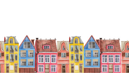 Fototapeta premium Three multi-storey old houses, seamless watercolor border, all objects are hand-painted with watercolor. Houses in yellow, blue and pink tones. Suitable for printing on fabric, paper.