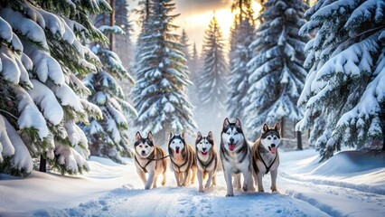 Naklejka premium Husky dogs pulling sledge in snowy forest, surrounded by tall trees and frosty landscape , winter, huskies, winter, huskies