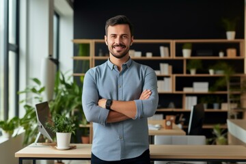 Portrait of a smiling businessman standing with crossed arms in a modern office, exuding confidence and professionalism