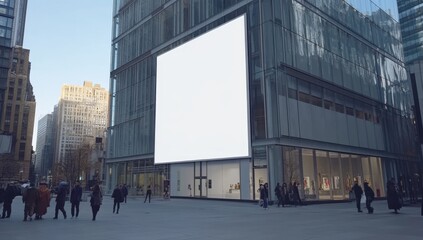 Blank billboard on modern building, city street, pedestrians.