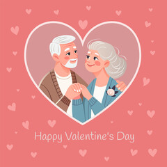 An elderly couple in love. A Valentine's day card. An old man and an old woman hug and look at each other with love. Vector illustration.