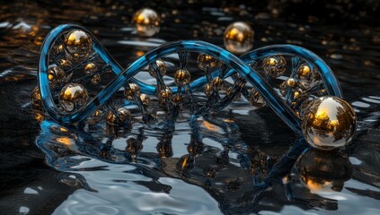 Glass DNA double helix floating on dark water, reflecting golden spheres.