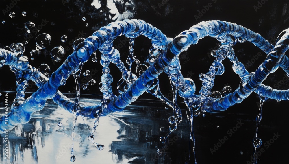 Poster glowing blue dna double helix splashing in water.