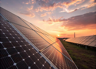 solar power plant, visualization of renewable energy solar Close-Up View of Solar Cells on Panel at Sunset