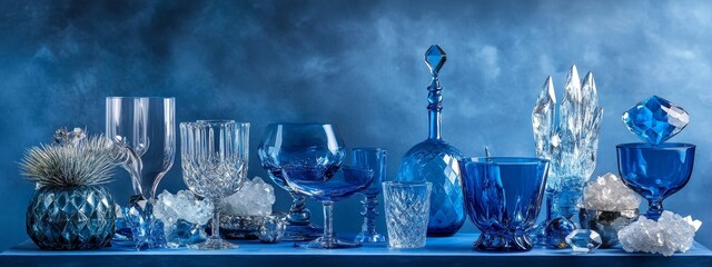 Blue glassware and crystal collection on a blue background.