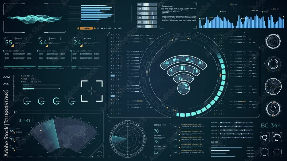 Wall mural motion graphic of blue digital wifi logo with head up display (hud ui) panel and futuristic technolo