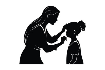 Mother brushing child?s hair, intimate moment silhouette illustration.eps