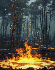 Naklejka premium Environmental, Social and Governance, Renewable Cryptocurrency Mining, burning and melting gold bitcoin on the ground, dead burned tress with burning rain forest in the background, crypto ESG concept
