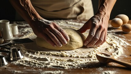 Close-Up of Hands Kneading Dough on a Floured Surface with Baking Tools
