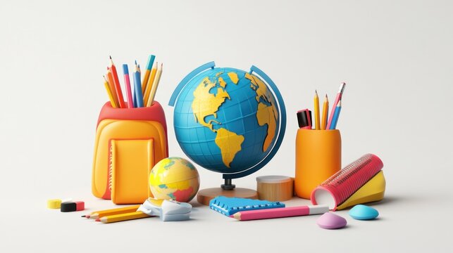 Colorful school supplies and globe on white background.
