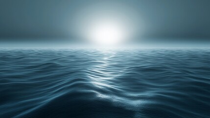Obraz premium Serene ocean scene at sunrise or sunset, calm waves reflecting light.