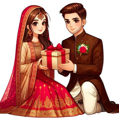 AI generative, A young couple in a festive sherwani and a gharara. Exchanging gifts in a modern cartoon art style with ruby, beige, and bronze colors.