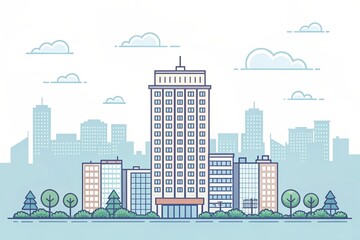 cute office building with city scape, pixel art illustration background