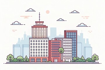 Obraz premium cute office building with city scape, pixel art illustration background
