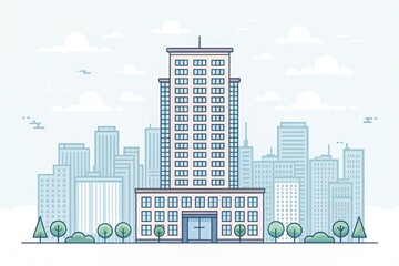 cute office building with city scape, pixel art illustration background