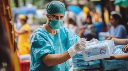 Healthcare Worker Distributing Hygiene Kits During Natural Disaster Crisis Response