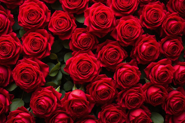 Naklejka premium Red roses in various bloom stages with green leaves cover frame