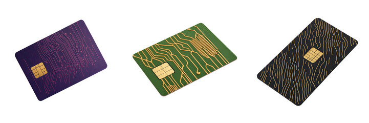 3D representation of secure smart cards with encryption features, showcasing unique designs and colors