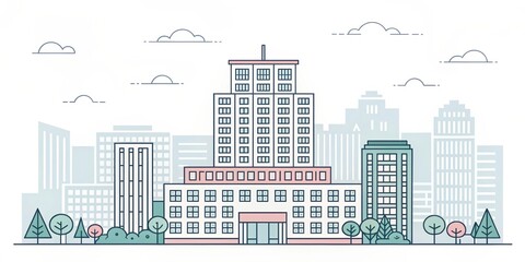Obraz premium cute office building with city scape, pixel art illustration background