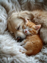 Puppy Resting on Kitten Cozy Home Animal Photography Soft Blanket Close-up Tender Moment