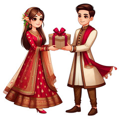 AI generative, A young couple in a festive sherwani and a gharara. Exchanging gifts in a modern cartoon art style with ruby, beige, and bronze colors.