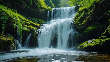 Close-Up of Cascading Waterfall Amid Lush Greenery and Mossy Rocks