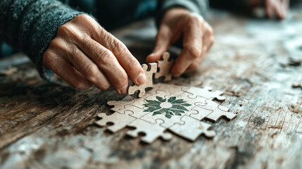 Ai generate hands assembling puzzle pieces with globe icon creative hobbies indoor setting close-up view for learning