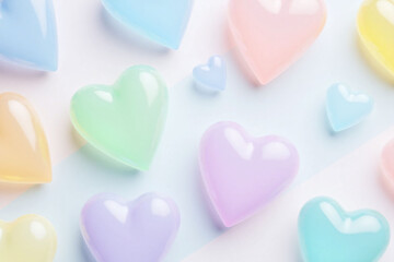 Obraz premium Translucent heart shaped objects in pastel colors on blue bg
