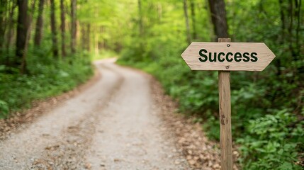 A scenic path in the woods features a wooden signpost labeled "Success," symbolizing a journey toward achievement and personal growth.