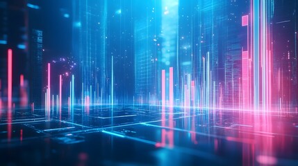 A cityscape with a blue sky and pink and red lights. The city is filled with tall buildings and the lights are scattered throughout the scene. Scene is futuristic and vibrant