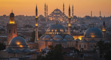 Obraz premium Ramadan Celebration at Historic Istanbul Architecture Photography Evening Glow Spiritual Atmosphere