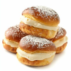 Four appetizing cream filled pastries, generously dusted with powdered sugar, stacked enticingly