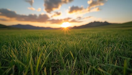 Beautiful sunset over the vastness of an open field with mountains