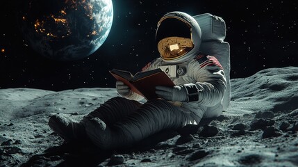 An astronaut sits on the lunar surface, engrossed in reading a book while Earth is visible in the distant space. The scene captures the tranquility and solitude of space exploration. Generative AI