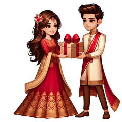 AI generative, A young couple in a festive sherwani and a gharara. Exchanging gifts in a modern cartoon art style with ruby, beige, and bronze colors.