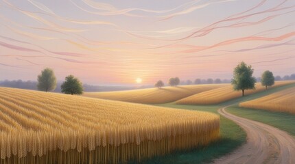 Serene and idyllic depiction of a rolling countryside at dawn, with vast fields of golden wheat swaying gently in the soft breeze, beneath a wispy, pastel-colored sky featuring delicate hues of peach,