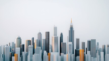 A modern city skyline featuring tall buildings with a mix of architectural styles against a pale sky.