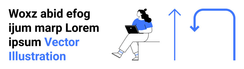 Woman in blue shirt using laptop while sitting on ledge, accompanied by arrows indicating workflow or process direction. Ideal for productivity, workflow, business, technology, process diagrams