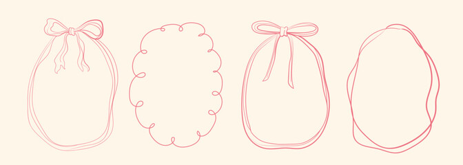 Set of  doodle hand drawn oval frames with wavy lines, bows and ribbons. Minimalist cute line art. Modern whimsical borders for wedding invitations, birthday cards, lunch, holiday illustration	
