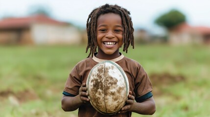 Young South African boy smiles happily holding dirty rugby ball outdoors. Sitting on grassy field. Boy with dreadlocks in brown jersey shows joy, fun with sport activity. Looks directly at camera.