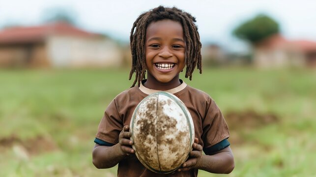 Young South African boy smiles happily holding dirty rugby ball outdoors. Sitting on grassy field. Boy with dreadlocks in brown jersey shows joy, fun with sport activity. Looks directly at camera.