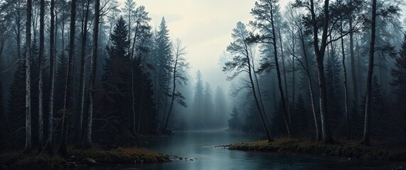 Dark forest with fog and pond
