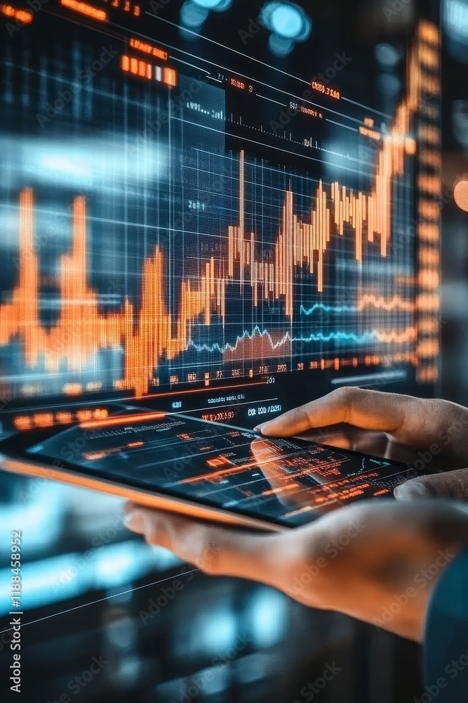 Poster Hands using tablet analyzing stock market data on large screen.
